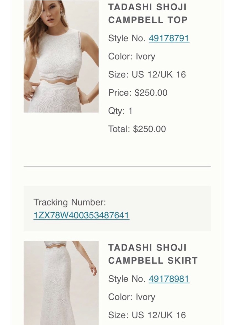 Tadashi Shoji Ivory Lace Crop Top and skirt wedding dress